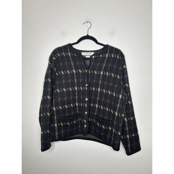 Crystal-Kobe Petites Brown Black Knit Button Up Sweater 90s Size Petite Large - Picture 3 of 9